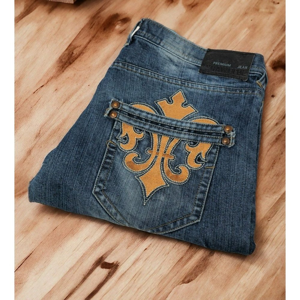 Raw Blue Premium Jeans Men's 38 Blue Embroidered Pockets Hip Hop Y2K Dark Wash